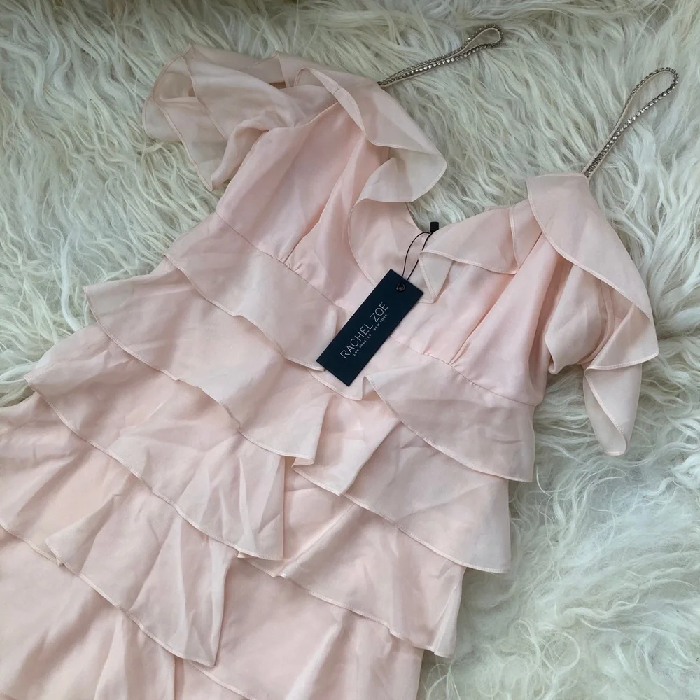 RACHEL ZOE Silk Ruffle & Crystal Accents Mini Dress - Picture 2 of 14